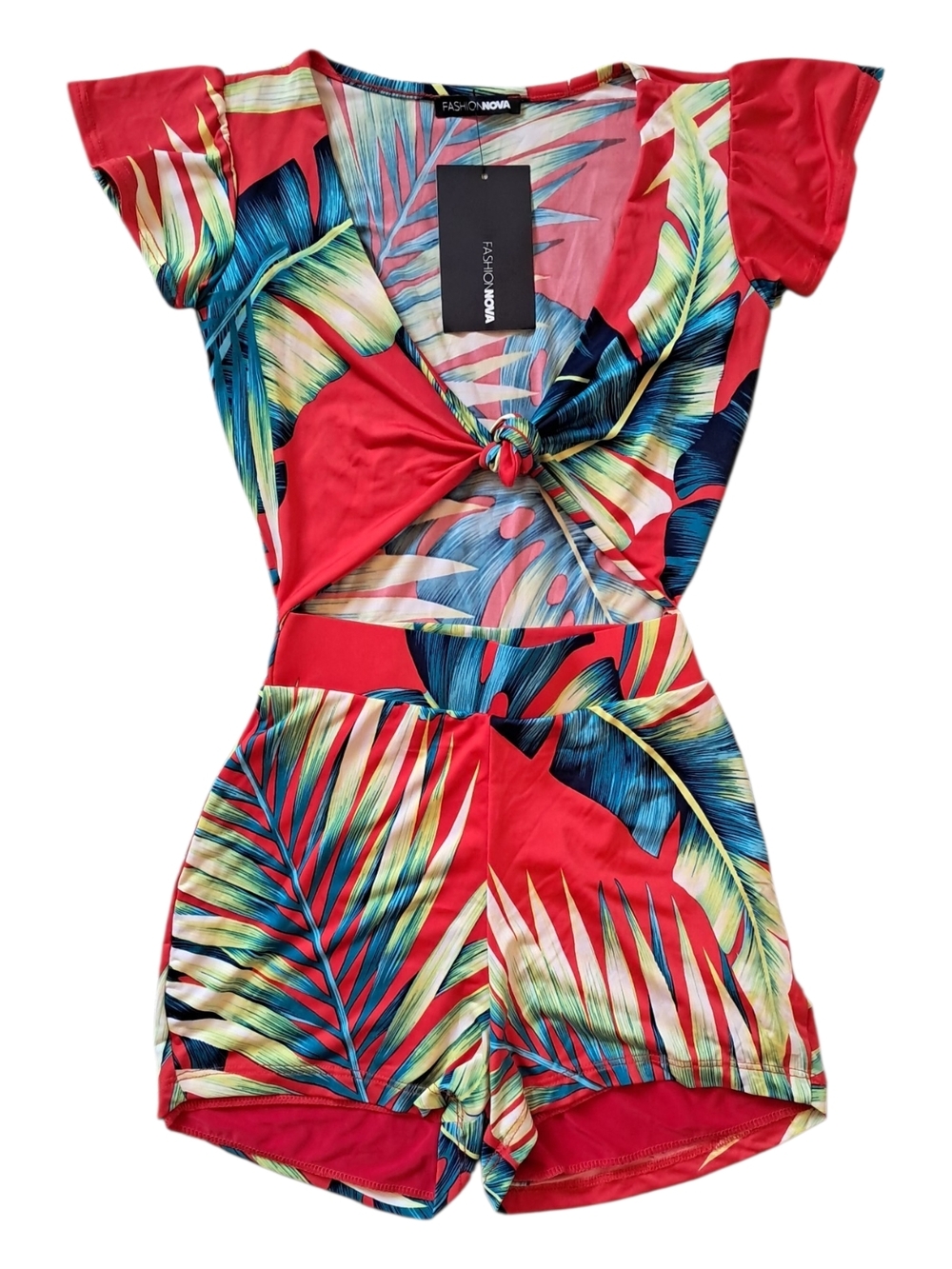 Fashion Nova Red Tropical Leaf Tie-Front One-Piece Romper